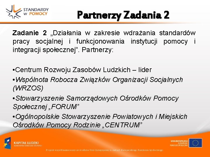 Partnerzy Zadania 2 Zadanie 2 „Działania w zakresie wdrażania standardów pracy socjalnej i funkcjonowania Partnerzy Zadania 2 Zadanie 2 „Działania w zakresie wdrażania standardów pracy socjalnej i funkcjonowania