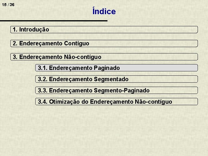 15 / 36 Índice 1. Introdução 2. Endereçamento Contíguo 3. Endereçamento Não-contíguo 3. 1.