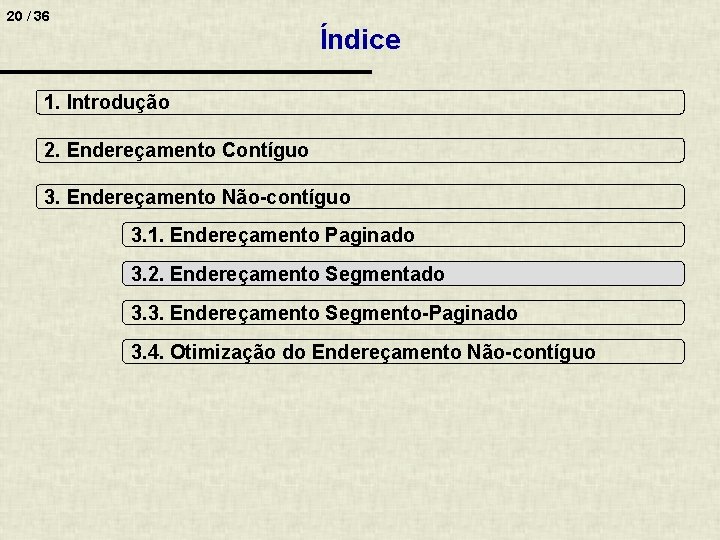 20 / 36 Índice 1. Introdução 2. Endereçamento Contíguo 3. Endereçamento Não-contíguo 3. 1.