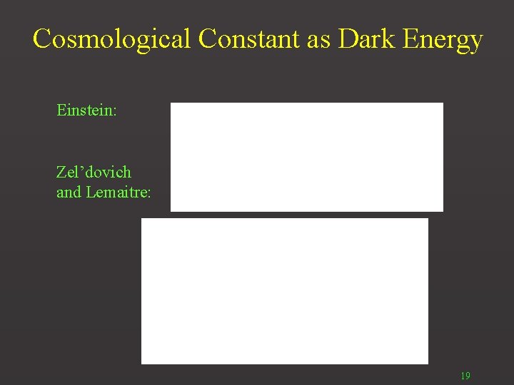 Cosmological Constant as Dark Energy Einstein: Zel’dovich and Lemaitre: 19 