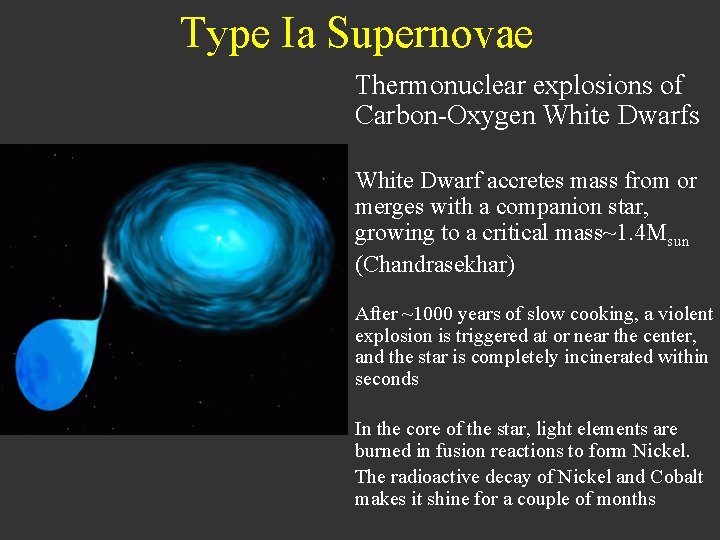 Type Ia Supernovae Thermonuclear explosions of Carbon-Oxygen White Dwarfs White Dwarf accretes mass from
