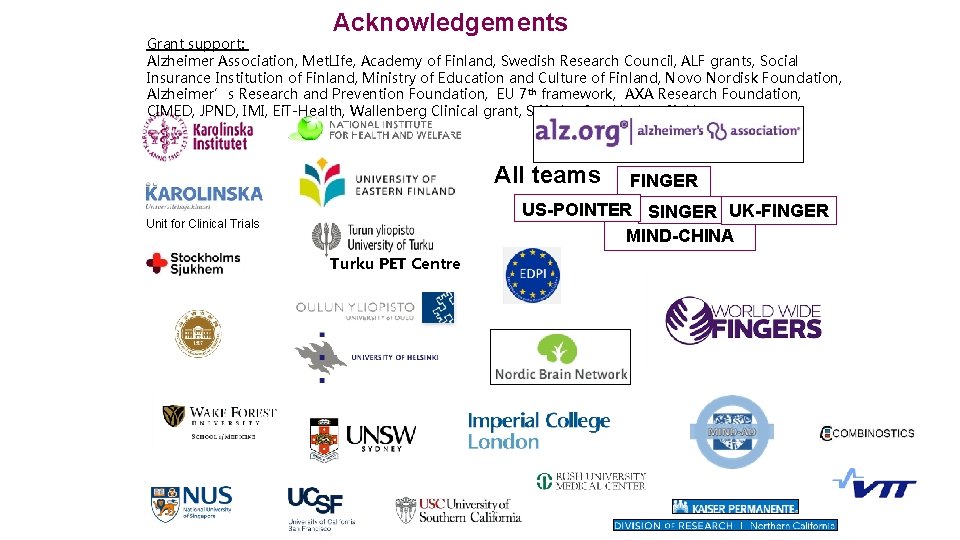 Acknowledgements Grant support: Alzheimer Association, Met. LIfe, Academy of Finland, Swedish Research Council, ALF