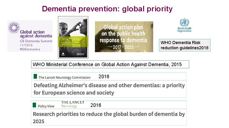 Dementia prevention: global priority WHO Dementia Risk reduction guidelines 2018 WHO Ministerial Conference on