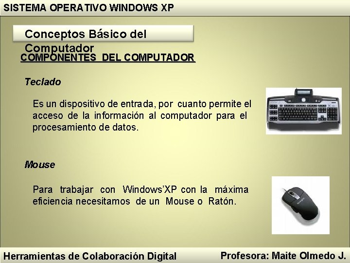 SISTEMA OPERATIVO WINDOWS XP Conceptos Básico del Computador COMPONENTES DEL COMPUTADOR Teclado Es un SISTEMA OPERATIVO WINDOWS XP Conceptos Básico del Computador COMPONENTES DEL COMPUTADOR Teclado Es un