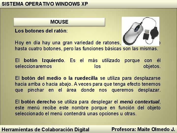 SISTEMA OPERATIVO WINDOWS XP MOUSE Los botones del ratón: Hoy en día hay una SISTEMA OPERATIVO WINDOWS XP MOUSE Los botones del ratón: Hoy en día hay una