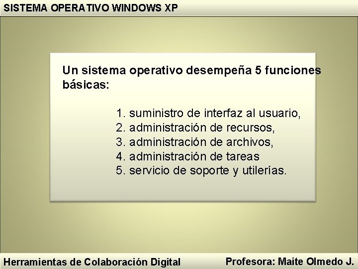 SISTEMA OPERATIVO WINDOWS XP Un sistema operativo desempeña 5 funciones básicas: 1. suministro de SISTEMA OPERATIVO WINDOWS XP Un sistema operativo desempeña 5 funciones básicas: 1. suministro de