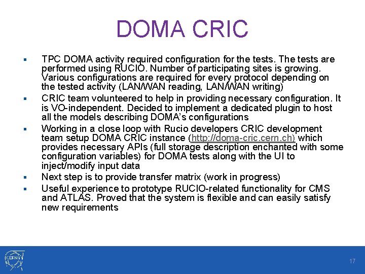 DOMA CRIC § § § TPC DOMA activity required configuration for the tests. The