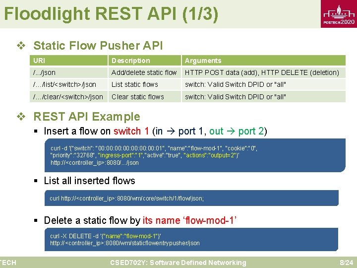 Floodlight REST API (1/3) v Static Flow Pusher API URI Description Arguments /. .