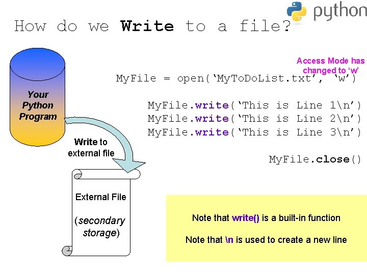 How do we Write to a file? Access Mode has changed to ‘w’ My.
