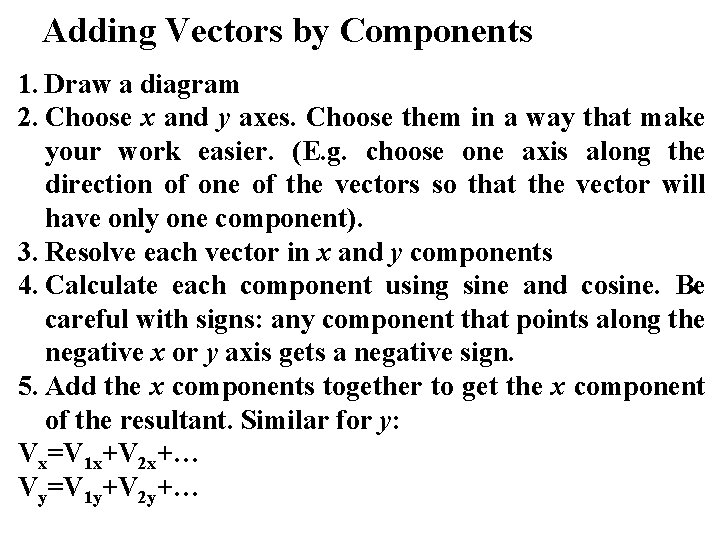 Adding Vectors by Components 1. Draw a diagram 2. Choose x and y axes.