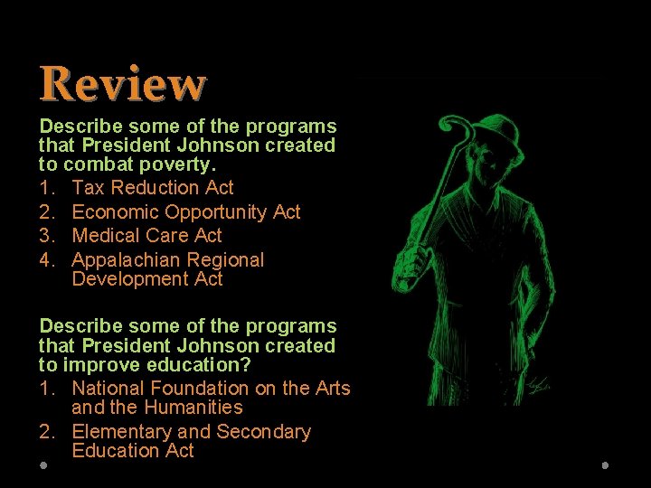 Review Describe some of the programs that President Johnson created to combat poverty. 1.