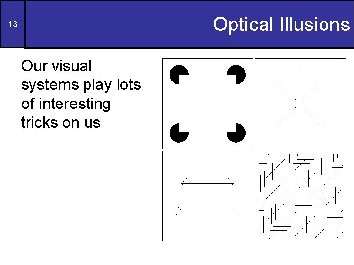 Optical Illusions 13 Our visual systems play lots of interesting tricks on us 