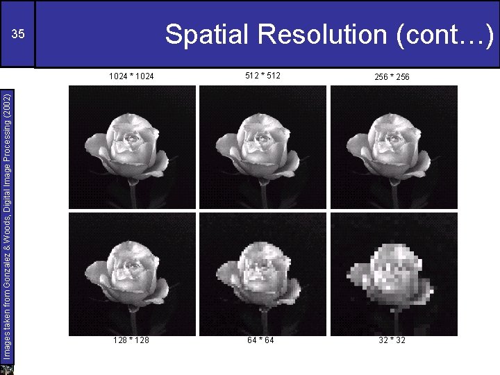 Spatial Resolution (cont…) Images taken from Gonzalez & Woods, Digital Image Processing (2002) 35
