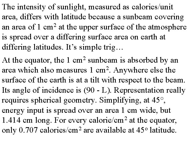 The intensity of sunlight, measured as calories/unit area, differs with latitude because a sunbeam