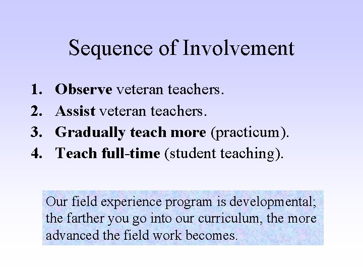 Sequence of Involvement 1. 2. 3. 4. Observe veteran teachers. Assist veteran teachers. Gradually