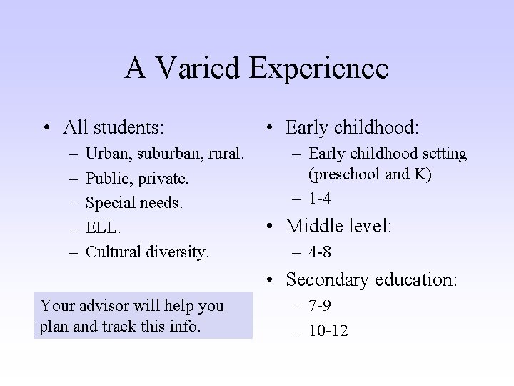 A Varied Experience • All students: – – – Urban, suburban, rural. Public, private.