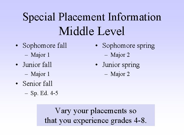 Special Placement Information Middle Level • Sophomore fall – Major 1 • Junior fall