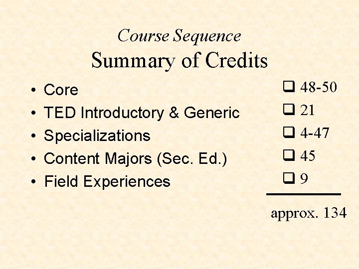 Course Sequence Summary of Credits • • • Core TED Introductory & Generic Specializations