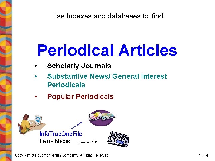Use Indexes and databases to find Periodical Articles • • Scholarly Journals Substantive News/