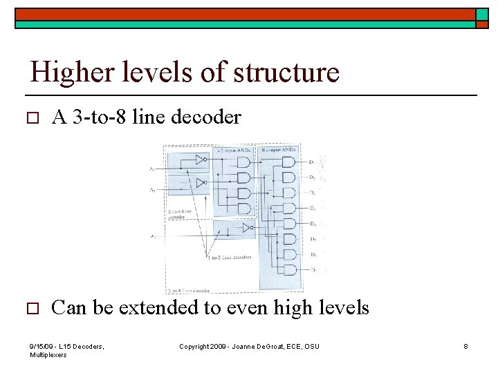 Higher levels of structure o A 3 -to-8 line decoder o Can be extended