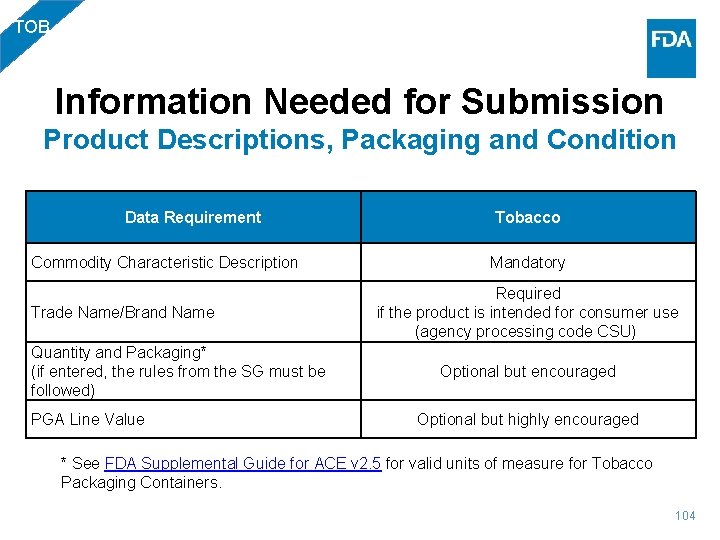 TOB Information Needed for Submission Product Descriptions, Packaging and Condition Data Requirement Commodity Characteristic