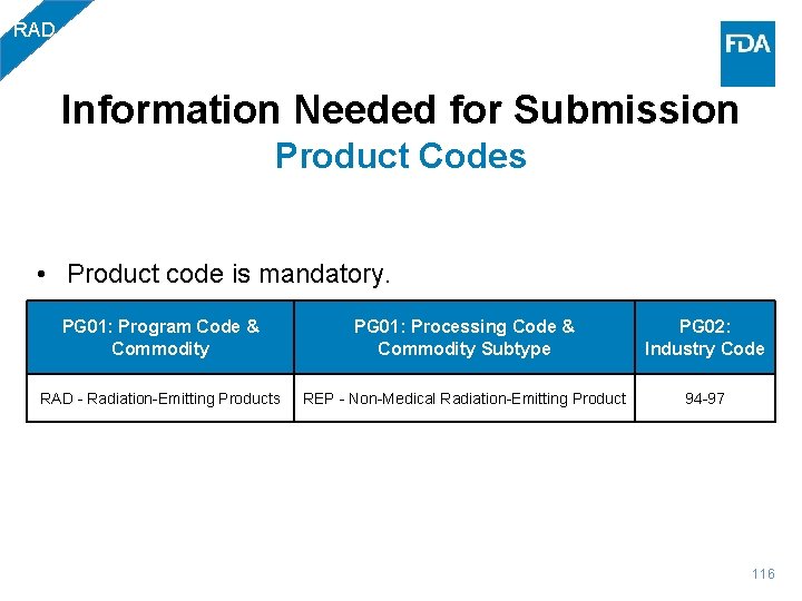 RAD Information Needed for Submission Product Codes • Product code is mandatory. PG 01: