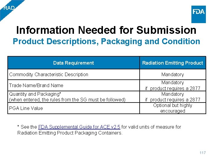 RAD Information Needed for Submission Product Descriptions, Packaging and Condition Data Requirement Commodity Characteristic