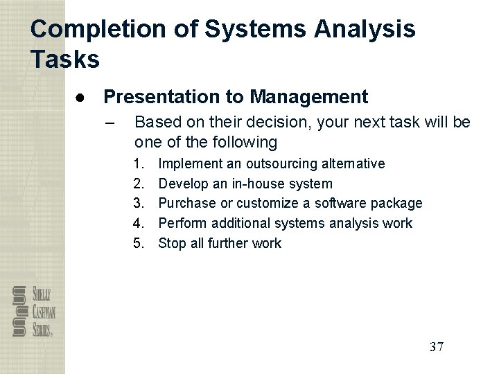 Completion of Systems Analysis Tasks ● Presentation to Management – Based on their decision,