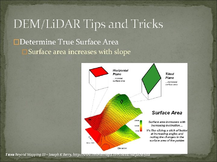 DEM/Li. DAR Tips and Tricks �Determine True Surface Area �Surface area increases with slope