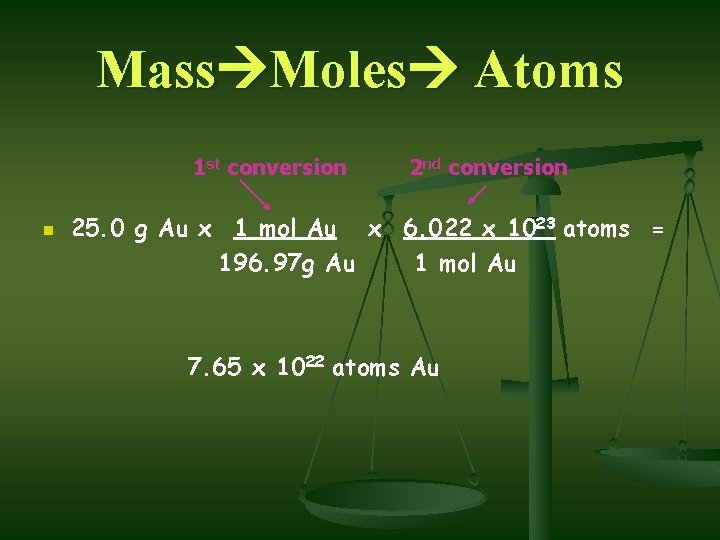 Mass Moles Atoms 1 st conversion n 2 nd conversion 25. 0 g Au