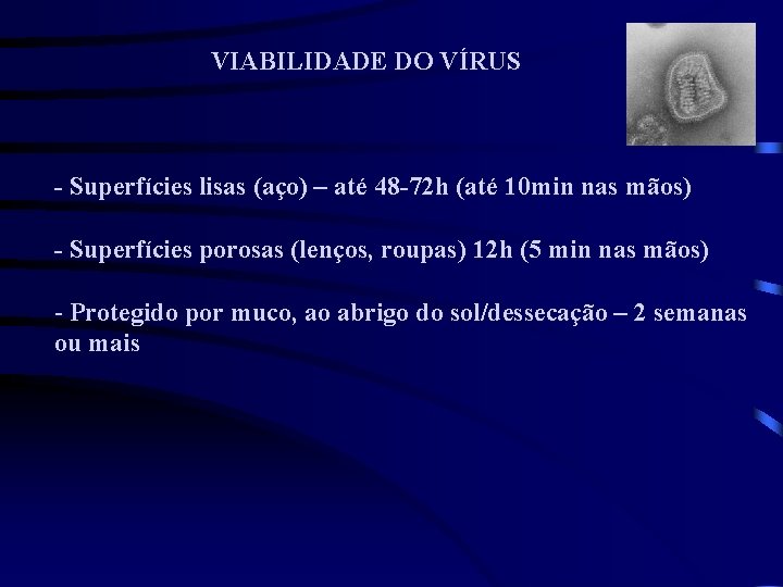 VIABILIDADE DO VÍRUS - Superfícies lisas (aço) – até 48 -72 h (até 10