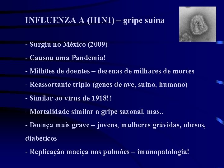 INFLUENZA A (H 1 N 1) – gripe suína - Surgiu no México (2009)