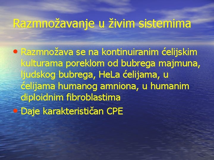 Razmnožavanje u živim sistemima • Razmnožava se na kontinuiranim ćelijskim kulturama poreklom od bubrega