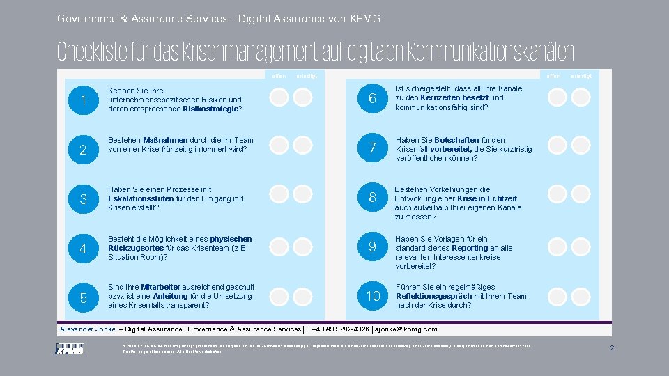 Governance & Assurance Services – Digital Assurance von KPMG Checkliste für das Krisenmanagement auf