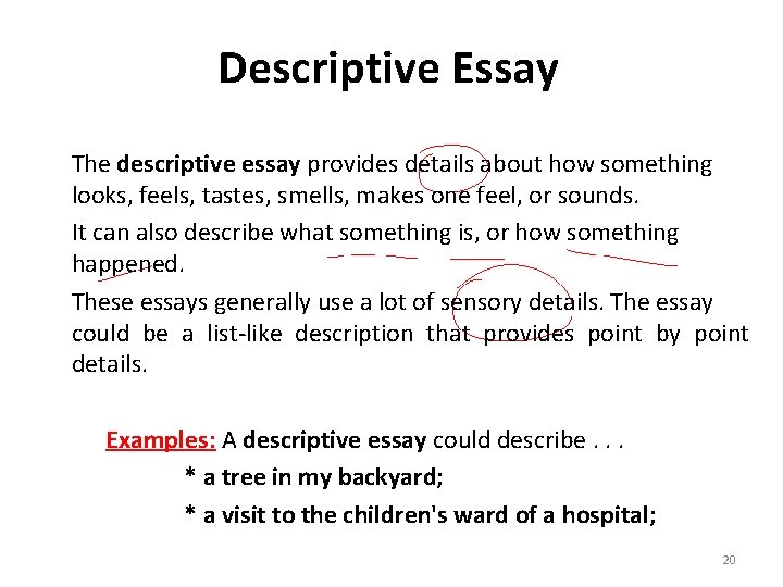 Descriptive Essay The descriptive essay provides details about how something looks, feels, tastes, smells,