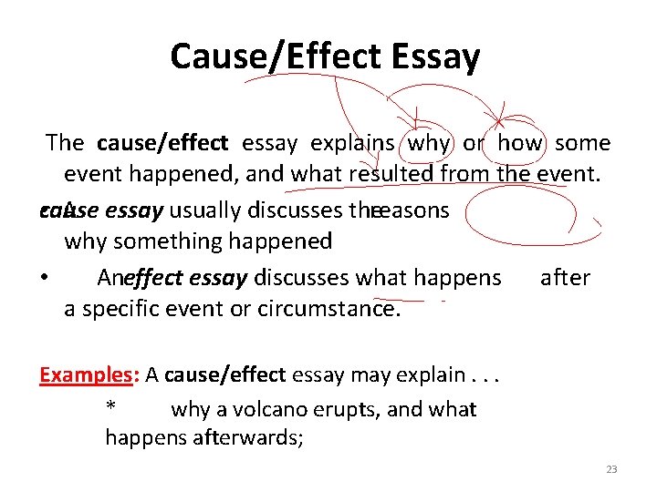 Cause/Effect Essay The cause/effect essay explains why or how some event happened, and what