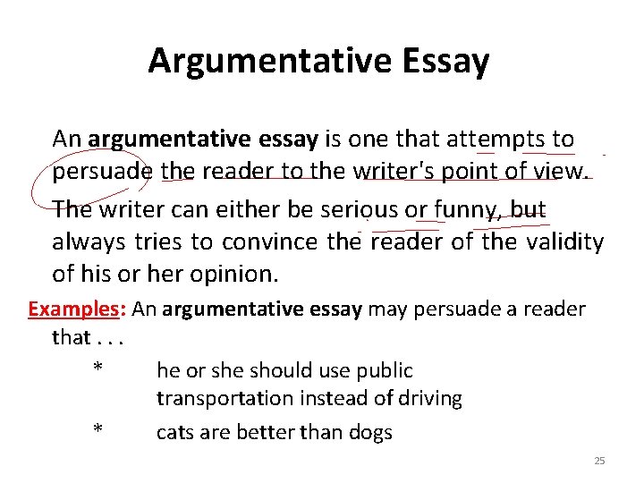 Argumentative Essay An argumentative essay is one that attempts to persuade the reader to