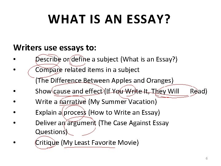 WHAT IS AN ESSAY? Writers use essays to: • • • • • Describe
