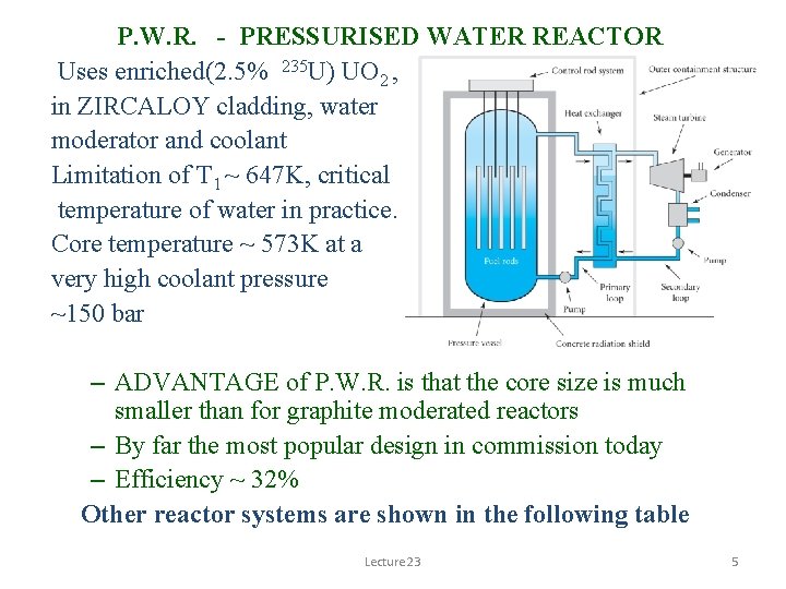 P. W. R. - PRESSURISED WATER REACTOR Uses enriched(2. 5% 235 U) UO 2