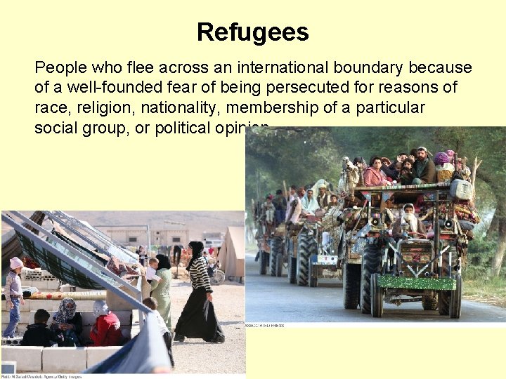 Refugees People who flee across an international boundary because of a well-founded fear of