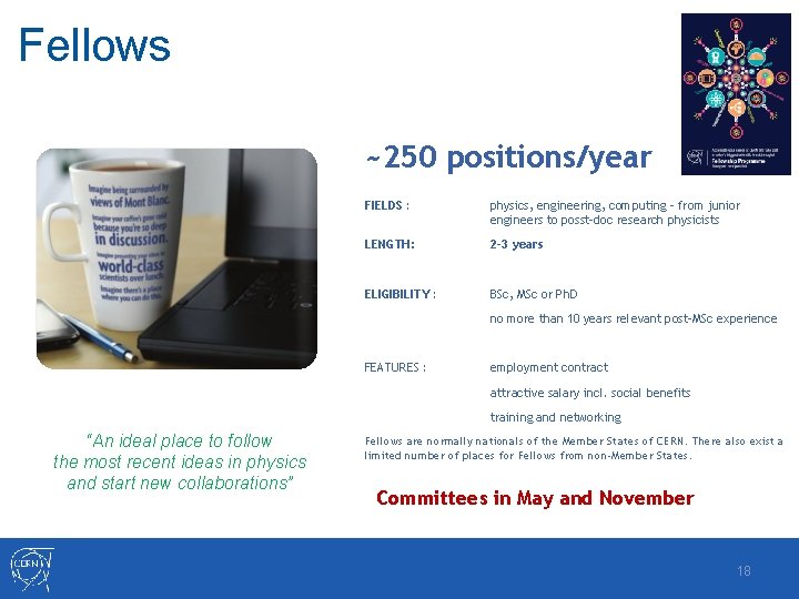 Fellows ~250 positions/year FIELDS : physics, engineering, computing – from junior engineers to posst-doc Fellows ~250 positions/year FIELDS : physics, engineering, computing – from junior engineers to posst-doc