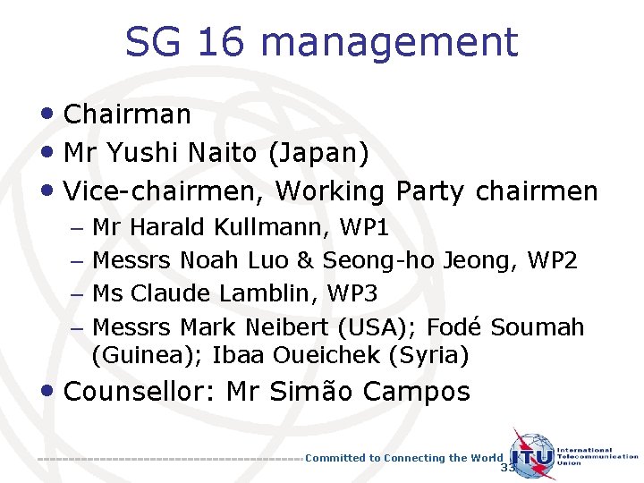 SG 16 management • Chairman • Mr Yushi Naito (Japan) • Vice-chairmen, Working Party