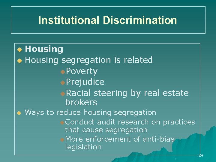 Institutional Discrimination Housing u Housing segregation is related u. Poverty u. Prejudice u. Racial