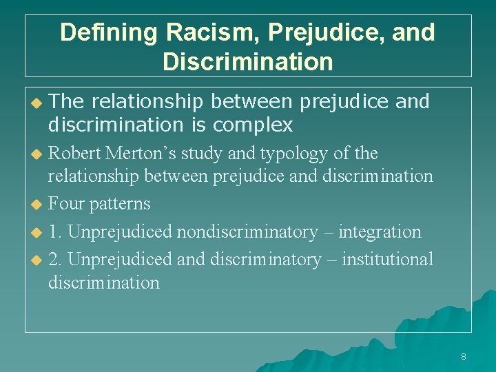 Defining Racism, Prejudice, and Discrimination The relationship between prejudice and discrimination is complex u