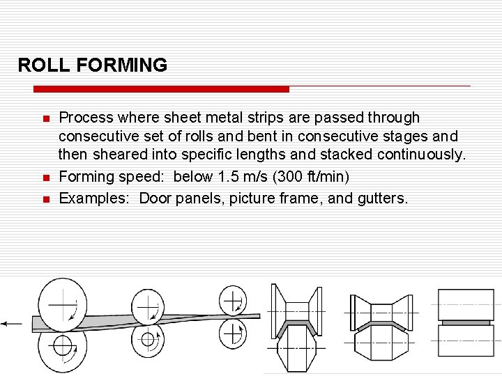 ROLL FORMING n n n Process where sheet metal strips are passed through consecutive