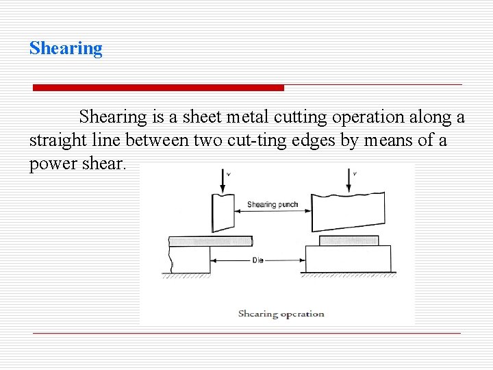 Shearing is a sheet metal cutting operation along a straight line between two cut-ting