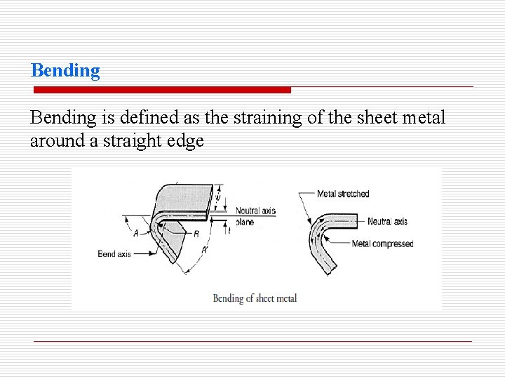 Bending is defined as the straining of the sheet metal around a straight edge