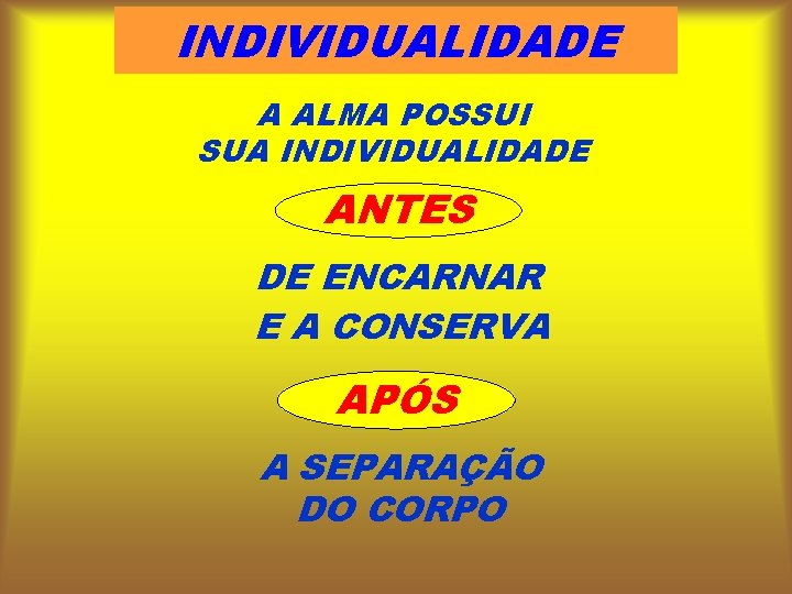 INDIVIDUALIDADE A ALMA POSSUI SUA INDIVIDUALIDADE ANTES DE ENCARNAR E A CONSERVA APÓS A