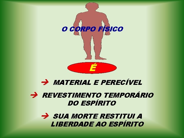 O CORPO FÍSICO É MATERIAL E PERECÍVEL REVESTIMENTO TEMPORÁRIO DO ESPÍRITO SUA MORTE RESTITUI