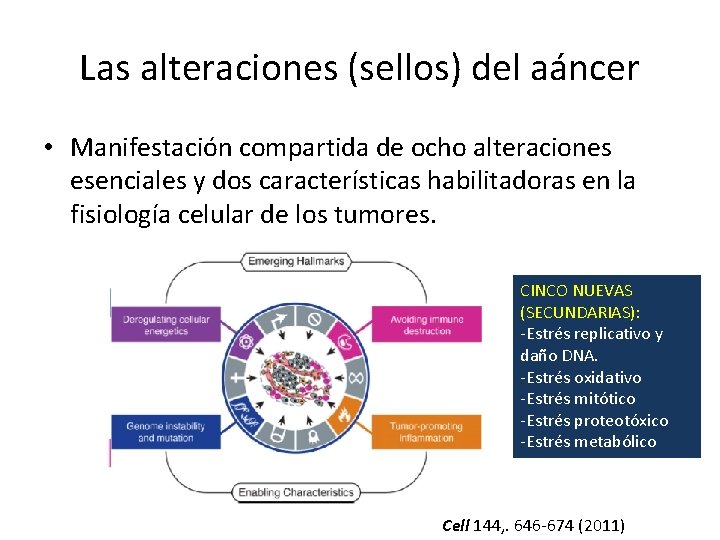 Las alteraciones (sellos) del aáncer • Manifestación compartida de ocho alteraciones esenciales y dos